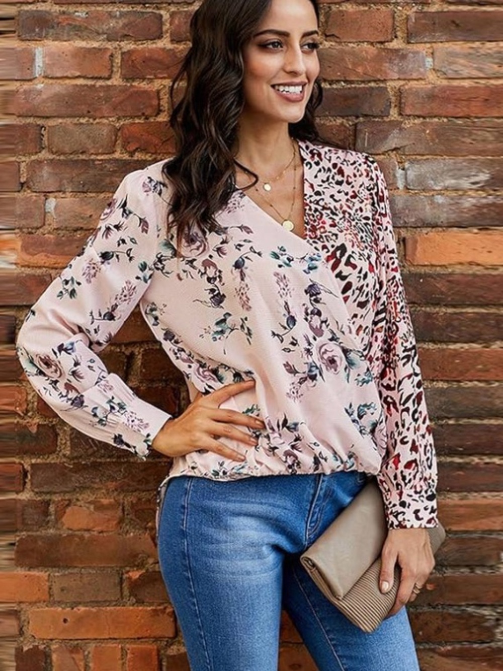 Large Pink Floral & Leopard Print Wrap Twist Top - Picture 2 of 13